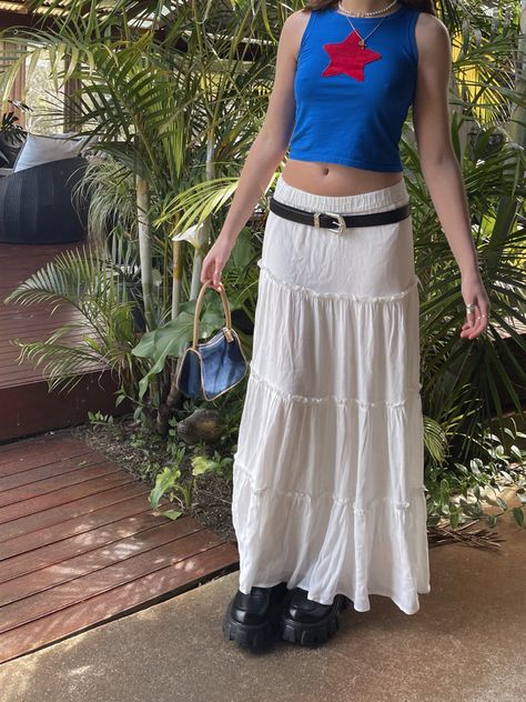 Maxi skirt with belt , y2k vintage blue baby tee with red star, platform prada loafers Graphic Tee Skirt Outfits, Baby Tee And Skirt, Y2k Style Cotton Summer Skirt, Baby Tee Maxi Skirt, 90s Style Summer Streetwear Skirt, Denim Long Skirt Outfit, Y2k Denim Blue Cotton Skirt, Cobalt Blue Outfit, Baby Tee Outfit