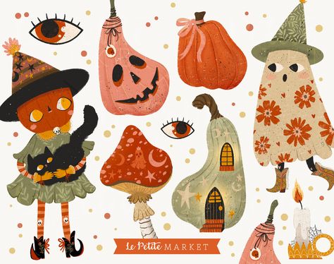 Halloween Illustrations Cute, Autumn Illustration Art, Folk Art Pumpkin, Jack O Lantern Illustration, Halloween Illustration Art, Halloween Animal Illustration, Fall Clip Art Autumn, Cute Halloween Illustration, Witchy Illustration