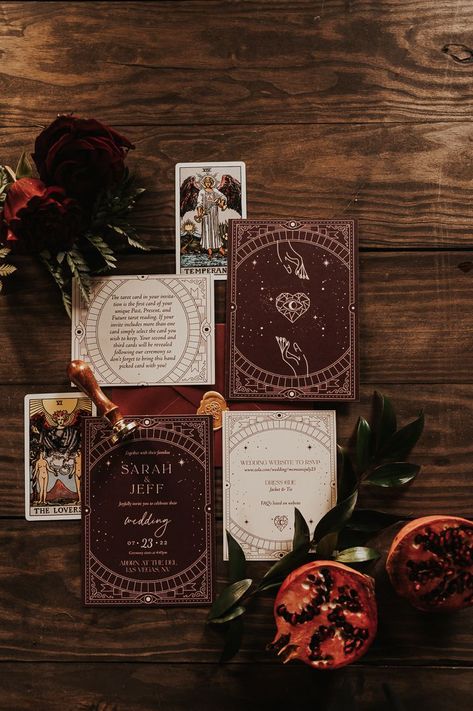 Tarot card inspired wedding invitation suite Tarot Card Wedding, Witch Wedding, Dark Wedding Theme, Forest Theme Wedding, Celestial Wedding, Dark Wedding, Future Wedding Plans, Luxury Wedding Planner, Card Wedding