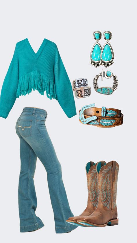 #countryvibes #countrygirl #countryaesthetic #countrymusic #countryside #country #rodeofit #western #westernaesthetic #westernfashion #westernfit #westernstyle #westernoutfit Cute Outfits With Bootcut Jeans Country, Feminine Country Outfits, Cowgirl Outfits Turquoise, Turquoise Country Outfit, Southern Girl Outfits, Women’s Country Summer Outfits, Southern Preppy Outfits, Turquoise Outfit, Vaquera Fits