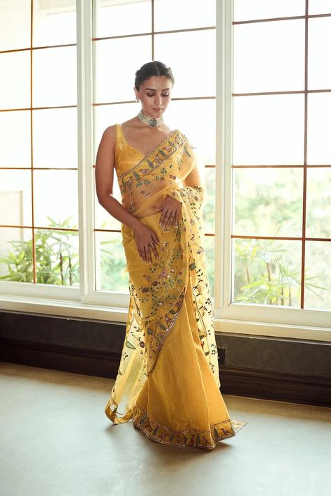 Anavila saris are being worn by Alia Bhatt, Sonam Kapoor and more celebrities, here's why | Vogue India Alia Bhatt Saree, Organza Applique, Haldi Outfits, Haldi Outfit, Bridesmaid Saree, Yellow Saree, Saree Designs Party Wear, Saree Trends, Stylish Sarees