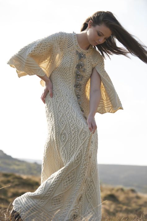 Fantazy Dress from Aran Crafts 2016 Lace Dress Knitting Pattern, Aran Dress, Aran Sweaters, Women's Maxi Dresses, Hand Knitted Dress, Irish Sweater, Cozy Hygge, Couture Design, Knitwear Style