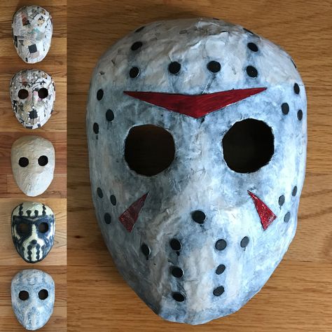 Horror Paper Mache, Mascara Papel Mache, Jason Voorhees Mask, Diy Halloween Masks, Creepy Masks, Paper Mache Projects, Paper Mache Mask, Jason Mask, Mascaras Halloween