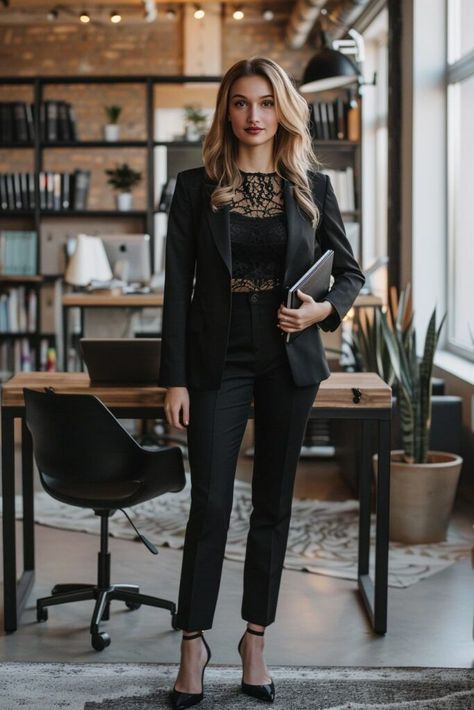 Dress Like A Lady Outfits Classy, Edgy Business Outfits For Women, Dark Corporate Aesthetic, Emo Corporate Outfits, All Black Corporate Outfit, Black Elegant Outfit Classy Chic, Business Goth Work Outfits, Goth Business Casual Work Outfits, Edgy Corporate Fashion