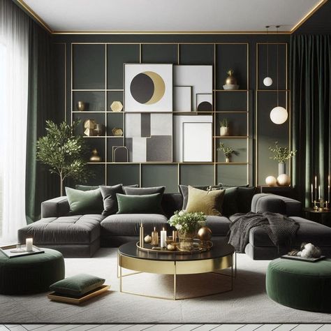 Modern Dark Green Living Room Dark Green Living Room Ideas, Green Living Room Ideas, Dark Green Living Room, Light Colored Furniture, Green Living Room, Dark Green Wallpaper, Textured Blankets, Neutral Throw Pillows, Green Velvet Sofa