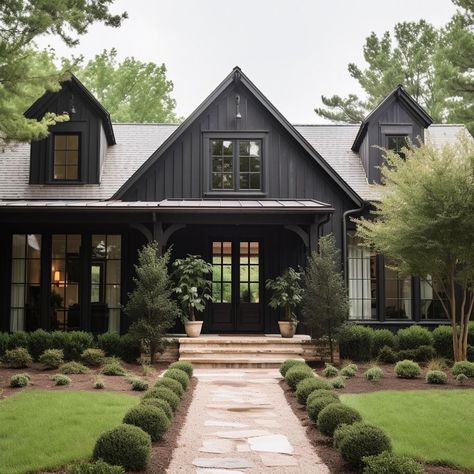 Woodsy Farmhouse Exterior, Black House Gray Roof, Black House Exterior One Story, Two Story House With Porch, Two Story Black House, Black House With Black Windows, One Story Cottage Exterior, Cozy Small House Exterior, Cottage Black Windows