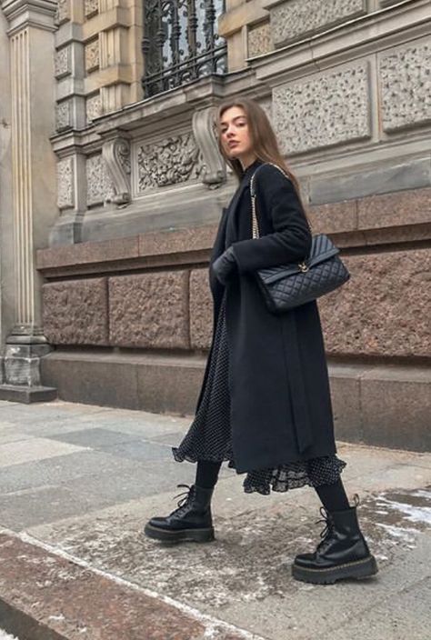 #outfitinspiration #chanelhandbags #drmartens  All black outfit. Dr Martens Outfit With Dress, Black Dress And Dr Martens Outfit, Classy Dr Martens Outfit, Black Martens Outfit, Black Layers Outfit, Dr Martens Black Outfit, Dr Martens Outfit Dress, Dr Martens Outfit Winter Dresses, Black Dr Martens Outfit