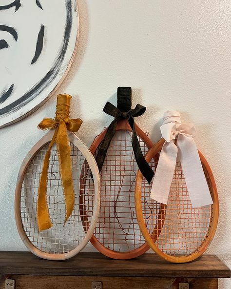 Turned some old wooden tennis rackets into pumpkins and I’m so obsessed with them 🖤 Also there are 8 Fridays till fall 🍂 Dream Studio, Tennis Racket, Vintage Finds, Tennis, Turn Ons