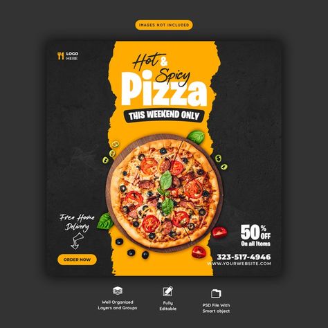 Food menu and delicious pizza social med... | Premium Psd #Freepik #psd #banner Design Cibo, Food Promotion, Restaurant Social Media, Flyers Design, Food Menu Template, Food Banner, Food Menu Design, Food Graphic Design, Social Media Poster