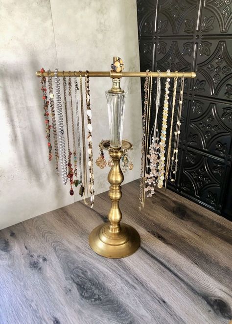 Metal and glass Jewelry holder - repurposed lamp - jewelry stand - jewelry organizer - long necklace display - elegant glass column #Gemstone #of #StatementJewelry #Tidiness #Jewelry #JewelryLovers #Accessories #JewelryDesign #of #Exploring #World #the #Art #The #Organizers Diy Necklace Holder Stand, Diy Necklace Display Stand, Diy Jewelry Stand, Retail Jewelry Display, Vintage Jewelry Display, Thigh Jewelry, 2024 Bedroom, Repurposed Lamp, Long Painting