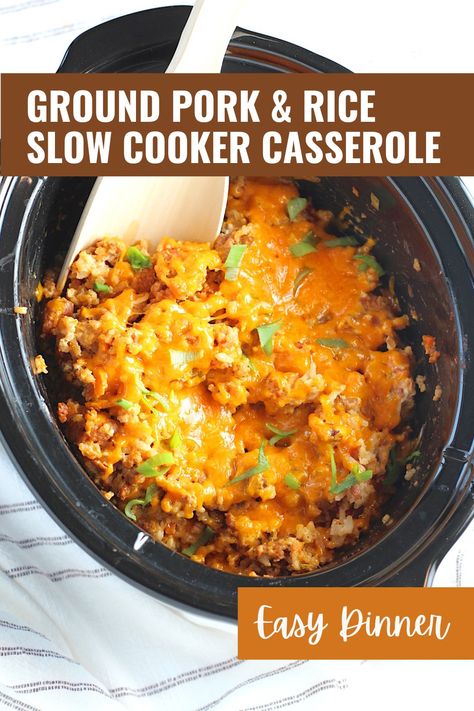 This Ground Pork Slow Cooker Casserole is loaded with delicious flavor that the whole family will love! The rice, ground pork, and carrots all cook in a delicious broth with seasonings in the slow cooker. The best part is that this is a one-pot, easy recipe and no-fuss dinner. #pork #porkrecipes #slowcooker #crockpot #casseroles Pork Sausage Slow Cooker Recipes, Canned Ground Pork Recipes Easy, Ground Pork Breakfast, Easy Dinner Recipes Ground Pork, Ground Pork Chili Recipe Crockpot, Pork Dinner Recipes Slow Cooker, Canned Ground Pork Recipes, Crock Pot Ground Pork Recipes, Ground Pork Sausage Crockpot Recipes