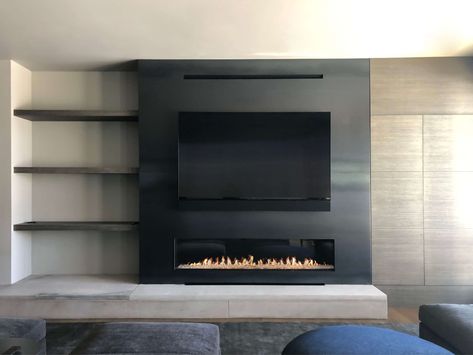 Flare Front Facing 70″ Fireplace Fireplace Entertainment Wall, Low Profile Fireplace With Tv Above, Modern Fireplace With Built Ins, Linear Fireplace With Tv Above Modern, Fireplace Ideas Modern Contemporary, Electric Fireplace Living Room, Modern Outdoor Fireplace, Contemporary Fireplace Designs, Fireplace Gallery