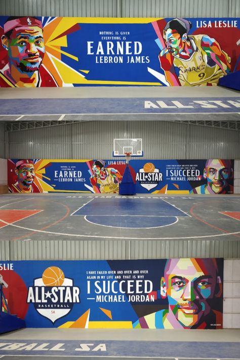 Sport Mural Ideas, Basketball Court Mural, Basketball Court Graffiti, Sports Wall Mural, Sports Murals School, Basketball Graffiti Art, Basketball Illustration Art, Kobe Mural, Basketball Illustration Design