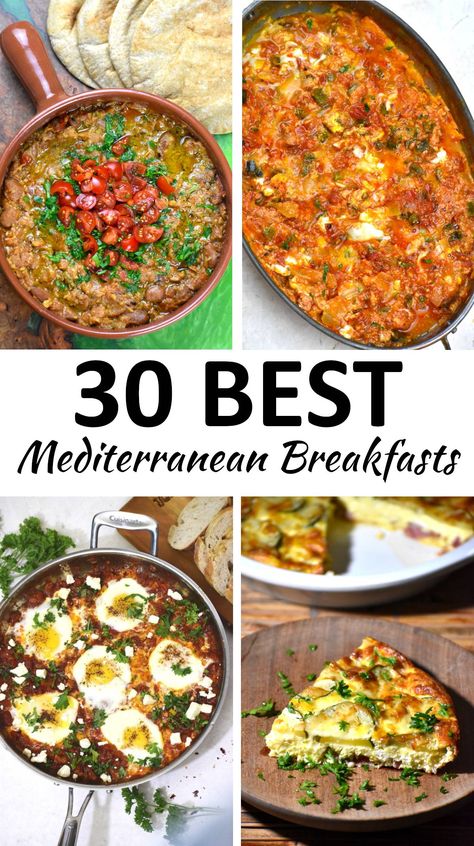 This collection of Mediterranean breakfast recipes includes thirty great ideas to add some flavor to your mornings. Mediterranean Brunch Recipes, Meditation Diet Recipes, Mediterranean Egg Recipes, Mediterranean Breakfast Ideas Simple, Breakfast Mediterranean Diet, Mediterranean Recipes Breakfast, Mediterranean Breakfast Recipes, Mediterranean Breakfasts, Mediterranean Breakfast Ideas