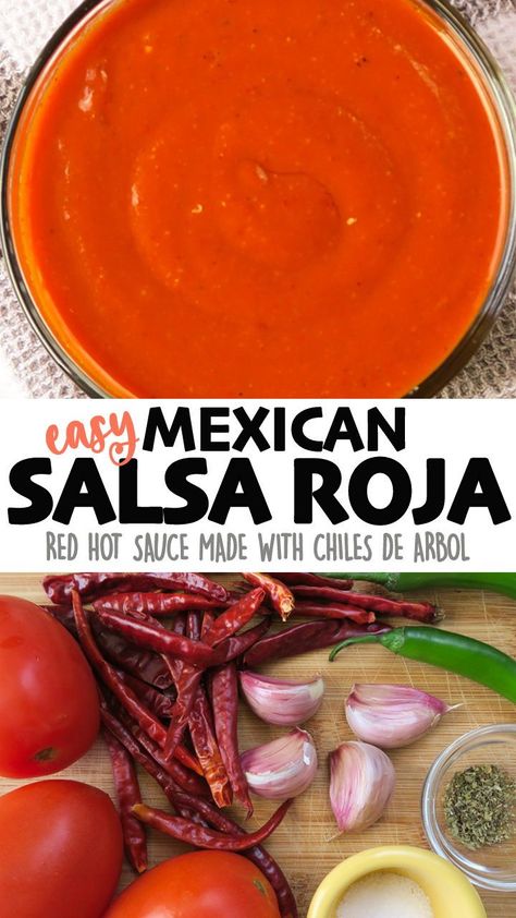 Authentic Mexican Salsa Roja, similar to the red hot sauce they serve at the Taco Shops! Easy to make, and ready in 20 minutes! Click for the full detailed recipe! #cleaneating #salsa #veganrecipes #mexicanfoodrecipes Taco Truck Red Sauce, Enchilada Salsa Roja, Authentic Mexican Red Salsa, Authentic Mexican Salsa Roja, Mexican Red Sauce For Tacos, Mexican Red Hot Sauce, Red Sauce For Tacos, Mexican Hot Sauce Authentic, Red Salsa Recipe Mexican For Tacos