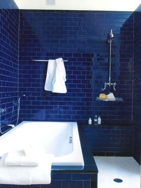 Cobalt subway tiles. Tiled Bathroom, Blue Bathroom Tile, Navy Walls, Bad Inspiration, Dream Bathrooms, Blue Bathroom, Blue Tiles, Bath Tub, Beautiful Bathrooms