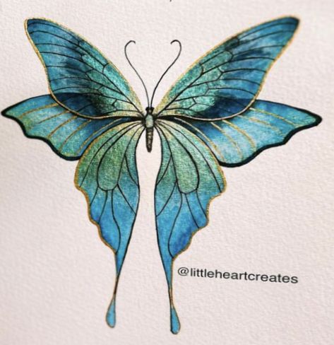 Two Butterfly Drawing, Mini Canvas Butterfly Painting, Love Watercolor Art, Metallic Watercolor Butterfly, Paintings With Metallic Paint, Metallic Watercolor Art, Metallic Painting Ideas, Watercolor Butterfly Painting, Fantasy Butterfly Art