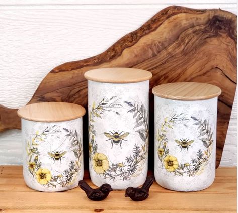 #etsy shop: Bee Wildflower and Lavender Wreath Kitchen Set | French Country Kitchen | Oil Cruet | Utensil Holder/Vase | Cookie Jar/ Storage Container https://etsy.me/3Jf38Ux #beeoliveoildispenser #shopupcycled #beekitchenaccessaries #beewildflowercanisterset Bee Kitchen Theme, Bee Kitchen, Wreath Kitchen, Crystal Glaze, Bee Stuff, Oil Cruet, Honey Bee Decor, Lavender Wreath, Olive Oil Dispenser