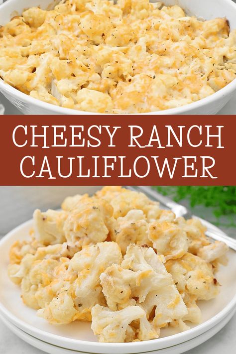 Cheesy Ranch Cauliflower ~ Roasted cauliflower florets in a rich ranch-infused cheese sauce. Vegetarian or Vegan.  via @thiswifecooks Ranch Cauliflower, Cheesy Cauliflower Recipes, Crockpot Cauliflower, Cauliflower Roasted, Cauliflower Casserole Recipes, Broccoli Cauliflower Salad, Cheesy Ranch, Roasted Cauliflower Recipes, Cheesy Cauliflower