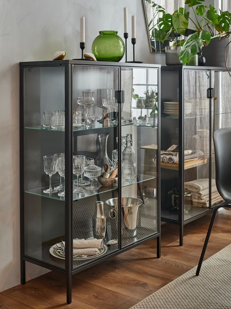 Ikea Bar Cabinet, Apartment Styling, Ikea Dining Room, Ikea Bar, Glass Cabinets Display, Cabinet Style, Ikea Cabinets, Sopot, Glass Cabinet Doors