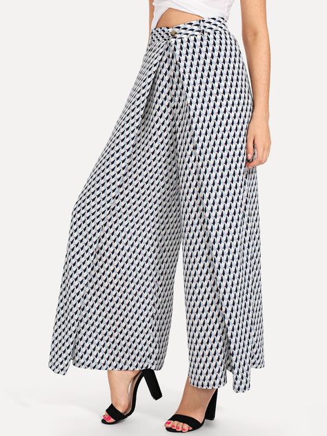 Wide Waistband Overlap Houndstooth Pants -SHEIN(SHEINSIDE) Overlap Pants, Dip Hem Blouse, Houndstooth Pants, Mid Waist Pants, Blouse Pants, Women Pants, Loose Blouse, Type Of Pants, Bottom Clothes