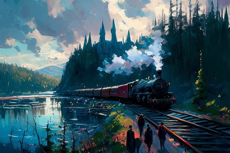 Buy Magical Train Leaving Magical Castle Illustration Wall Art online on Etsy India. Shop for handmade, vintage and unique Digital Prints items from GableOrlo online on Etsy Magical Train, Hogwarts Is My Home, Citate Harry Potter, Castle Illustration, Magical Castle, Harry Potter Painting, Harry Potter Background, Harry Potter Illustrations, Buku Harry Potter