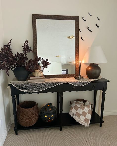 A not so scary Falloween console table 🦇 Follow me @ourmountainsidehome_1 for more holiday styling, home renovations and diy! . . . . Home renovation| home renovation tips| home before and after| home styling ideas| thrifting| home decor| transitional home| studio McGee inspired| neutral home| kitchen design| colonial home| classic home| Thrifting Home, Home Styling Ideas, Home Kitchen Design, Before And After Home, Styling Home, Renovation Tips, Transitional Home, Colonial Home, Home Classic