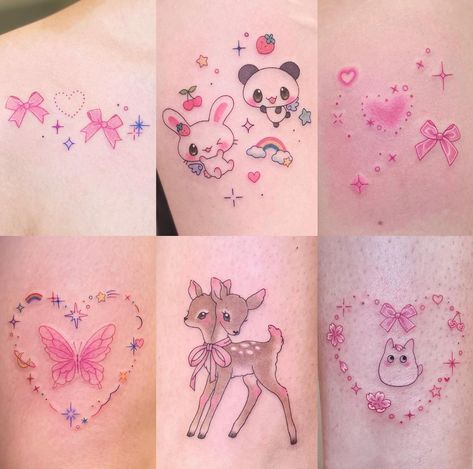 Kawaii Bunny Tattoo, Creepy Cute Tattoo Ideas, Pastel Tattoo Ideas, Fluttershy Tattoo, Cute Girly Tattoos, Kawaii Tattoo Ideas, Pink Ink Tattoo, Pastel Tattoos, Pink Tattoo Ink