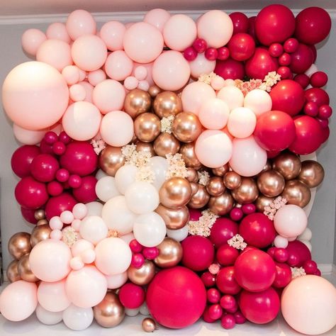 Balloon wall, pink balloon wall, organic balloon wall, burgundy balloon wall, fuchsia balloon wall, rose gold balloon wall Mini Garland, Gold Graduation Party, Red Wedding Theme, Shimmer Wall, Gold Confetti Balloons, One Balloon, Rose Gold Balloons, Custom Balloons, Balloon Wall