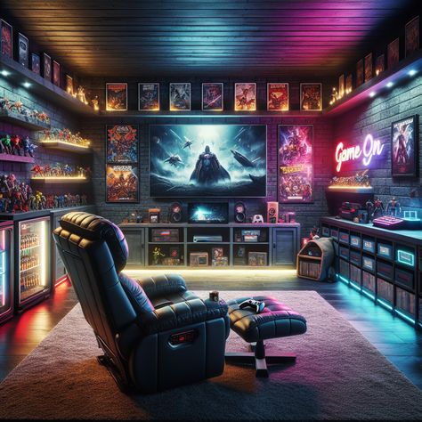 Behold the ultimate man cave, an immersive gaming paradise. Features include a plush reclining chair, wide-screen TV displaying an exciting game, a collection of consoles, retro game posters, and a 'Game On' neon sign. Enjoy snacks from the mini-fridge or admire the impressive action figure display. #GamingSetup #ManCave #RetroGames #GamersParadise #GamingMemorabilia #GameOn Figure Room, Nintendo Room, Games Room Inspiration, Retro Games Poster, Computer Desk Design, Game Posters, Ultimate Man Cave, Figure Display, Action Figure Display