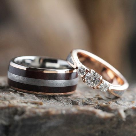 Meteorite Wedding Ring Set, Moissanite Engagement Ring With Petrified Wood Wedding Band-3552 | Jewelry By Johan Meteorite Wedding Ring, Meteorite Wedding Rings, Big Wedding Rings, Wood Wedding Ring, Cool Wedding Rings, Rings Mens Wedding Bands, Engagement Ring For Her, Beautiful Wedding Rings, Wedding Rings Rose Gold