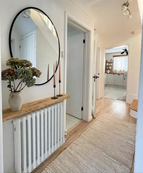 Shelf And Mirror, Lancaster House, Radiator Shelf, Hallway Mirror, Mirror Radiator, Ireland Homes, Entrance Ways, Home Entrance Decor, Entrance Decor