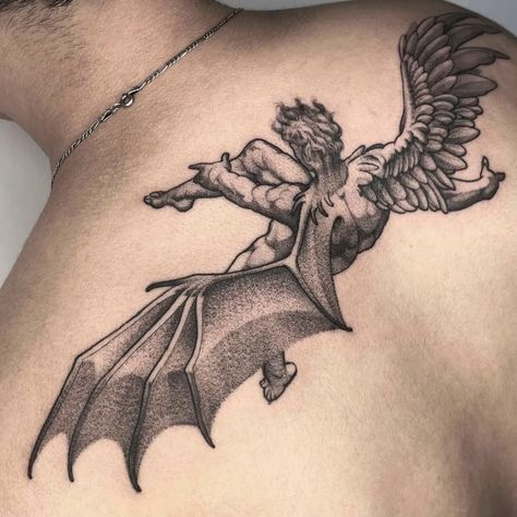 Fallen Angel Lucifer, Lucifer Tattoo, Icarus Tattoo, Fallen Angel Tattoo, Roman Tattoo, Devil Tattoo, Sick Tattoo, Chicano Drawings, Angel Tattoo