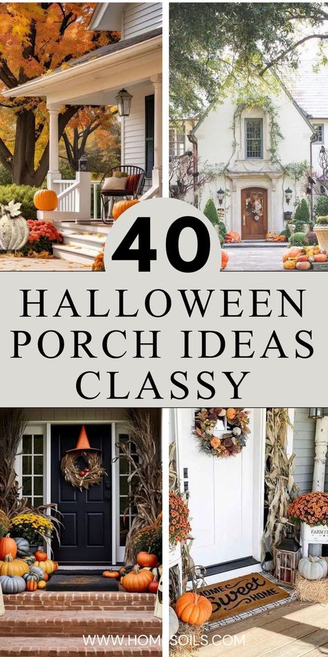 Explore 40 classy Halloween porch ideas that blend spooky elegance with timeless decor. From stylish pumpkins to sophisticated lighting, these decorations create a chic and festive entryway. Click here for inspiration and tips to elevate your Halloween porch décor! Large Porch Halloween Decor, Halloween Themed Front Porch, Halloween Lights Front Porch, Halloween Porch Inspiration, Outdoor Halloween Decor Front Yards Classy, Sophisticated Halloween Decor Front Porch, Halloween Decorations For Porch, Halloween Fall Front Porch Decor, Chic Halloween Decor Front Porch