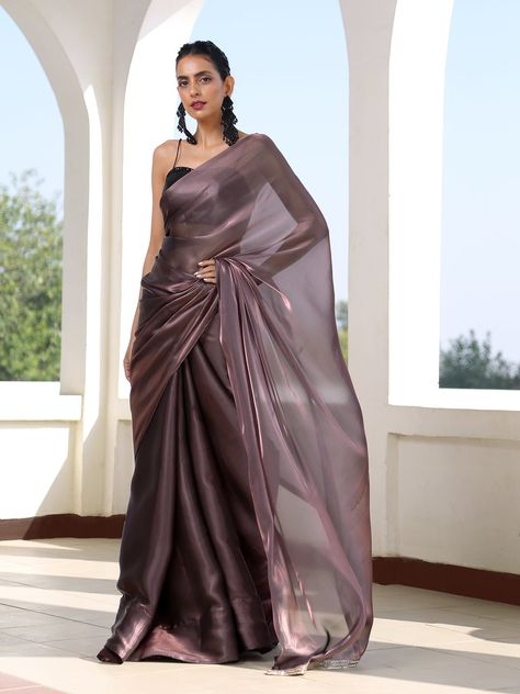 Bronze Saree, Silk Kurti Designs, Sarees For Girls, Modern Saree, Sarees For Women, Saree For Women, Rose Gold Sequin, Satin Saree, Black Saree