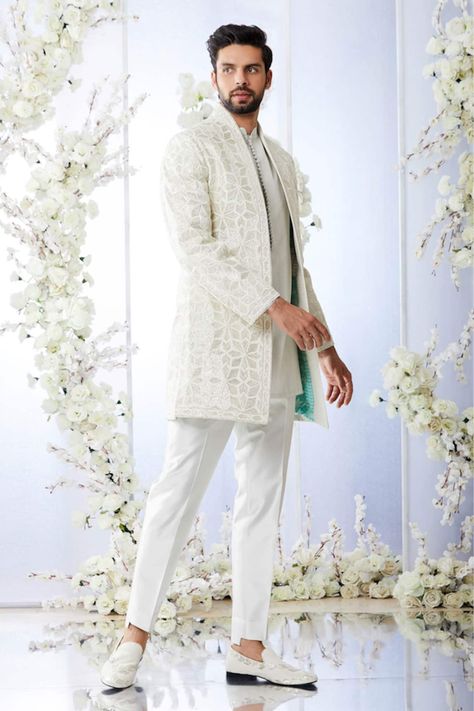 Buy Silver Raw Silk Embroidered Gota Patti Work Front Open Sherwani Set For Men by Seema Gujral Online at Aza Fashions. Short Sherwani, Open Sherwani, Gota Embroidery, Seema Gujral, Gents Kurta, Sherwani For Men, Mens Kurta Designs, Silver Shorts, White Dress Shoes