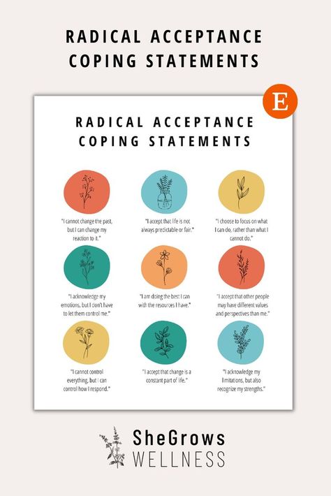 Introducing our transformative print featuring 9 powerful radical acceptance coping statements! This print is designed to help you embrace the practice of radical acceptance, allowing you to find peace and serenity amidst life's challenges. Each statement serves as a guiding light, empowering you to let go of resistance and embrace the present moment with compassion and understanding. Available in our Etsy shop, it's a perfect addition to your mental health resources. Radical Acceptance Dbt Activities, Acceptance And Commitment Therapy Quotes, Radical Acceptance Coping Statements, Radical Self Acceptance, Radical Acceptance Dbt Worksheet, Radical Acceptance Quotes, Stages Of Acceptance, Wellness Reset, Healthy Boundaries Relationships