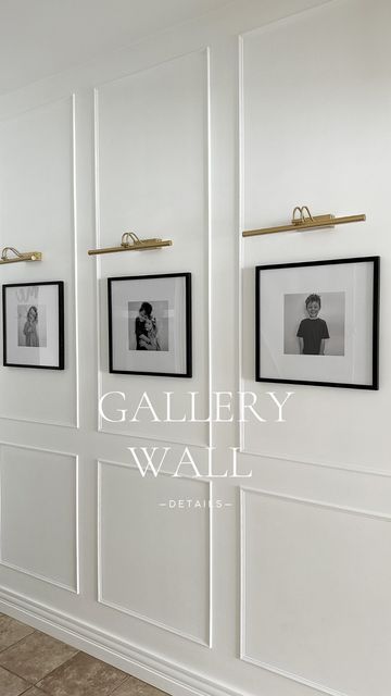 Wall Panelling With Photo Frames, Wall Moulding Ideas Hallways, Photo Frame Wall With Lights, Photo Frame Hallway, Photos On Panelled Wall, Photo Gallery Hallway Ideas, Photo With Lights Ideas On Wall, Long Hallway Molding, Moulding Frames On Wall