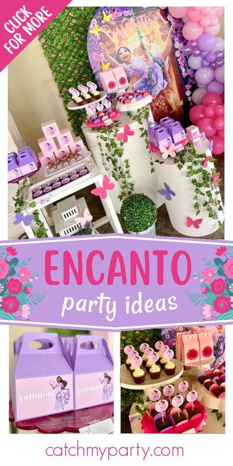 Isabella Encanto Centerpieces, Encanto Party Table Decorations, Isabella Encanto Party Decor, Encanto Candy Table Ideas, Encanto Desert Table, Isabella Party Ideas, Encanto Birthday Party Isabela, Kids Party Dessert Table, Encanto Centerpiece Ideas Diy