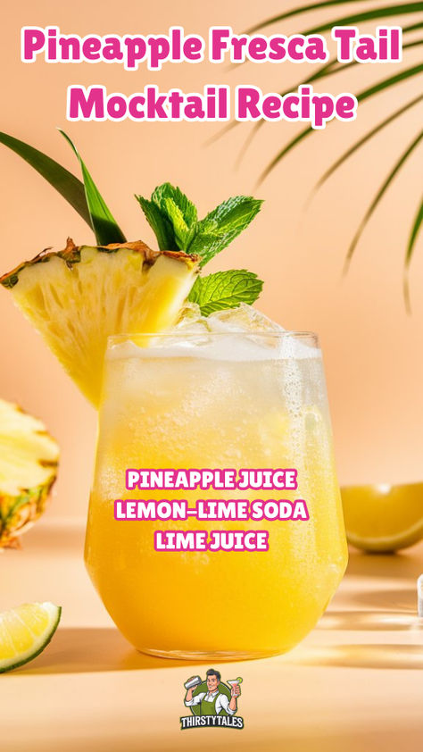 "Discover the ultimate Pineapple Fresca Tail Mocktail Recipe, a refreshing  tropical drink perfect for summer! This delightful non-alcoholic beverage  combines juicy pineapple flavors with a hint of mint, making it an ideal  choice for hot days. Enjoy this easy-to-make fruit mocktail at your next  gathering or as a solo refreshment. Perfect for those seeking delicious  pineapple recipes and vibrant summer refreshments. Sip on this Pineapple  Mocktail and embrace the taste of paradise!" Mocktails Non Alcoholic With Pineapple Juice, Pineapple Coconut Mocktail, Mocktails Non Alcoholic Pineapple, Pineapple Mocktail Recipe, Pineapple Fresca, Pineapple Meals, Pineapple Mocktails, Painkiller Drink, Non Alcoholic Mimosa