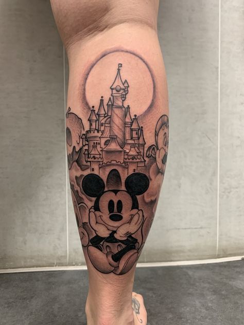 Mickey Mouse Castle Tattoo, Mickey Mouse Tattoo Design, Mickey Mouse Tattoo Ideas, Disneyland Tattoo, Disney Characters Tattoos, Mickey Tattoo, Mickey Mouse Tattoo, Disney Sleeve Tattoos, Castle Tattoo