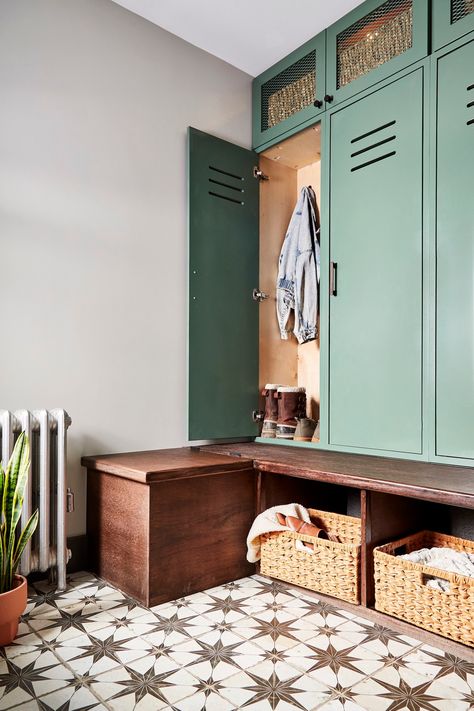 Mudroom with build in lockers in green, wood bench, and star tiled floor Sherwin Williams Basil, Mudroom Lockers With Bench, Lockers With Bench, Built In Lockers, Mudroom Lockers, Ryan Homes, Double Shower, Built In Seating, New England Homes