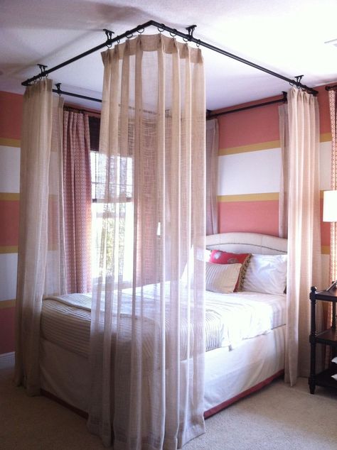 Pictures of the Curtain Hung to Ceiling | Ceiling Curtains around Bed - shows black hardware hung from ceiling, sheer curtains around bed Curtains Around Bed, Beautiful Bed Designs, Embroidered Curtains, Canopy Bed Diy, Beautiful Bedroom Designs, Color Room, Canopy Curtains, Canopy Bedroom, Diy Canopy