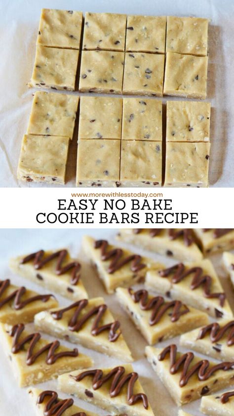 A closeup of No Bake Cookie Bars Easy Cookie Dough Recipe, No Bake Cookie Bars, Simple Cookie Dough Recipe, Chocolate Chip Cookie Dough Bars, Easy Cookie Dough, Cookie Bars Easy, Easy No Bake Cookies, No Bake Cookie, No Bake Cookie Dough