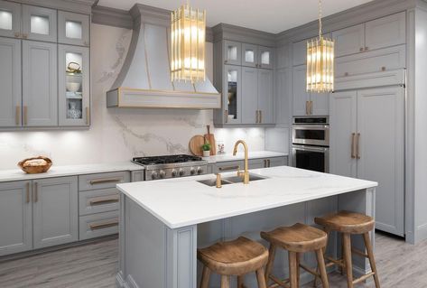 White Grey Gold Countertop, Grey Kitchen Gold Accents, Grey Gold Kitchen Cabinets, Grey With Gold Kitchen, Grey And Gold Backsplash, Grey And Gold Kitchen, Dove Grey Kitchen Gold Handles, Brass Kitchen Fixtures, Gold Kitchen Faucet