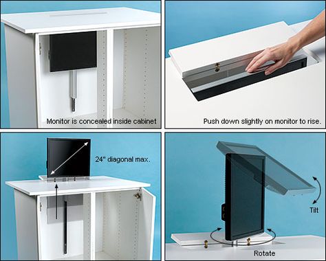 Pneumatic Monitor Lift - Lee Valley Tools Smallest House, Diy Office Desk, Lift Desk, Tv Lift Cabinet, Letter Diy, Airstream Renovation, Hidden Tv, Lee Valley Tools, Smart Office