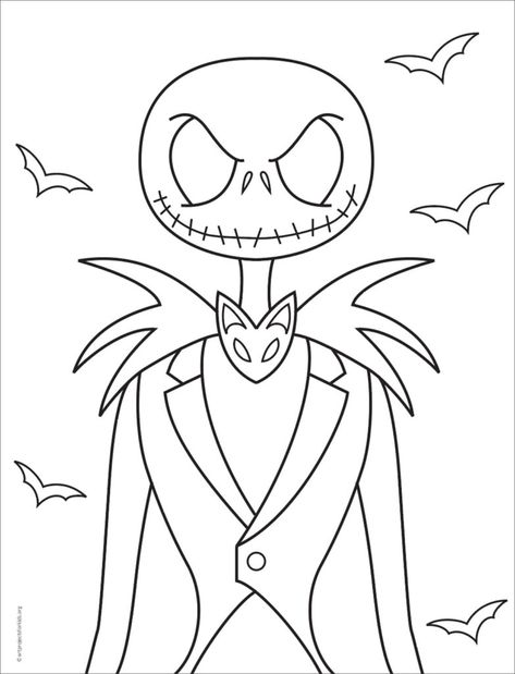 Jack Skellington Reference, Jack Skeleton Coloring Pages, All Disney Characters Drawings, Jack Skellington Template Free Printable, Jack Skellington Full Body Drawing, Easy Coloring Pages Halloween, Jack Skeleton Drawing Easy, Jack Skellington Images, Jack Skellington Tattoo Stencil