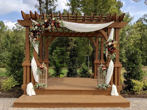 Wedding Alter Draping, How To Decorate A Pergola For A Wedding, Wedding Pergola Decorations Draping, Pergola Wedding Ceremony Draping, Pergola Flowers Wedding, Flowers On Pergola Wedding, Arbor With Draping, Arbor Drapery Wedding, Fall Wedding Arbor Ideas