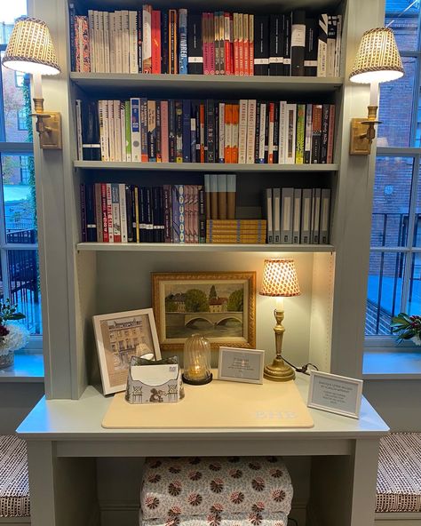 Desk In Bookshelf Wall, Desk Between Two Windows, Cookbook Nook In Kitchen, Built In Desk Decor, Desk With Bookshelf Above, Desk Built Into Bookshelf, Bookcase Desk Built In, Small Built In Bookshelf, Built In Book Shelf Bedroom