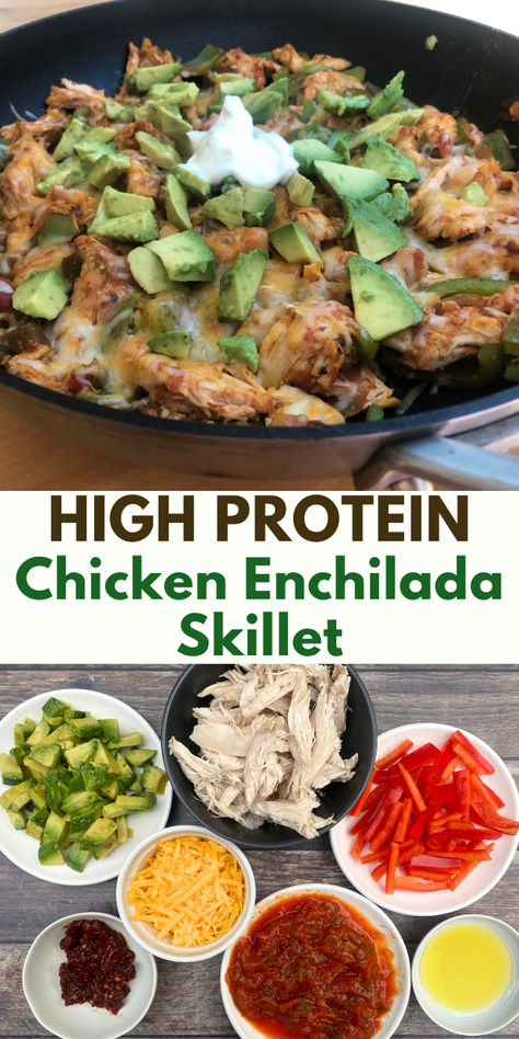 image of high protein chicken enchilada skillet along with an ingredients shot Rotisserie Chicken Recipes Low Carb, No Carb High Protein Meals, Rotisserie Chicken Recipes Keto, Keto Rotisserie Chicken Recipes, Keto Mexican Chicken, Chicken And Salsa, Enchilada Skillet, Chicken Enchilada Skillet, Chicken Taco Bowls